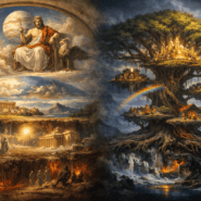 Illustration comparing Roman and Norse cosmology with Jupiter above the Roman world and underworld on one side and the Norse World Tree Yggdrasil connecting the nine realms beneath a stormy sky.