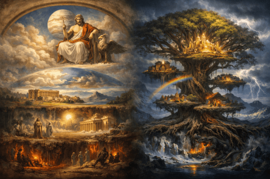 Illustration comparing Roman and Norse cosmology with Jupiter above the Roman world and underworld on one side and the Norse World Tree Yggdrasil connecting the nine realms beneath a stormy sky.