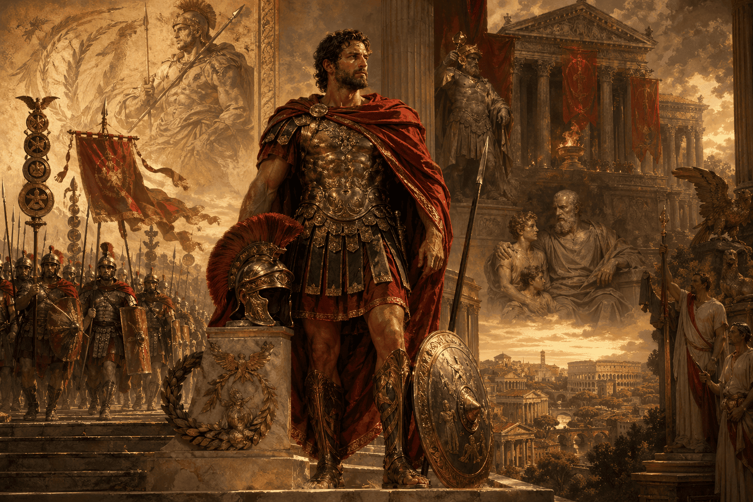 Mars in Roman armor standing before legionaries, standards, and monumental Roman architecture, representing the many epithets of the Roman god of war