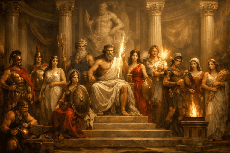 Twelve major Roman gods gathered in a grand marble temple, with Jupiter at the center holding a thunderbolt, surrounded by deities including Mars, Venus, Neptune, and Minerva in a classical mythological scene.