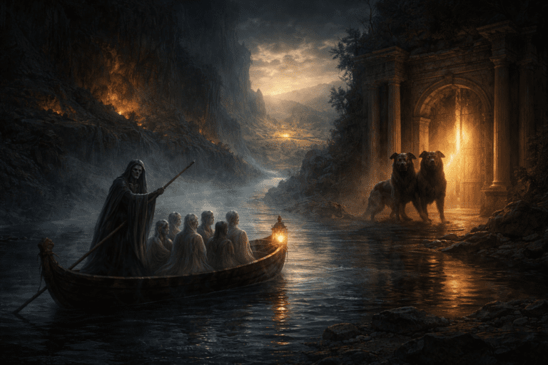 Roman underworld scene with Charon ferrying souls and Cerberus guarding the gates