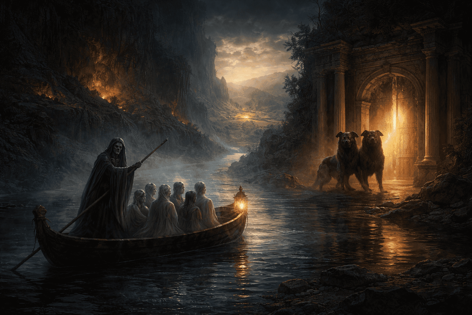 Roman underworld scene with Charon ferrying souls and Cerberus guarding the gates