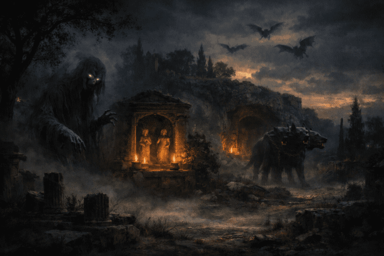 Scene showing Roman mythological creatures and beings including Lemures, household spirits, and Cerberus in an atmospheric Roman landscape