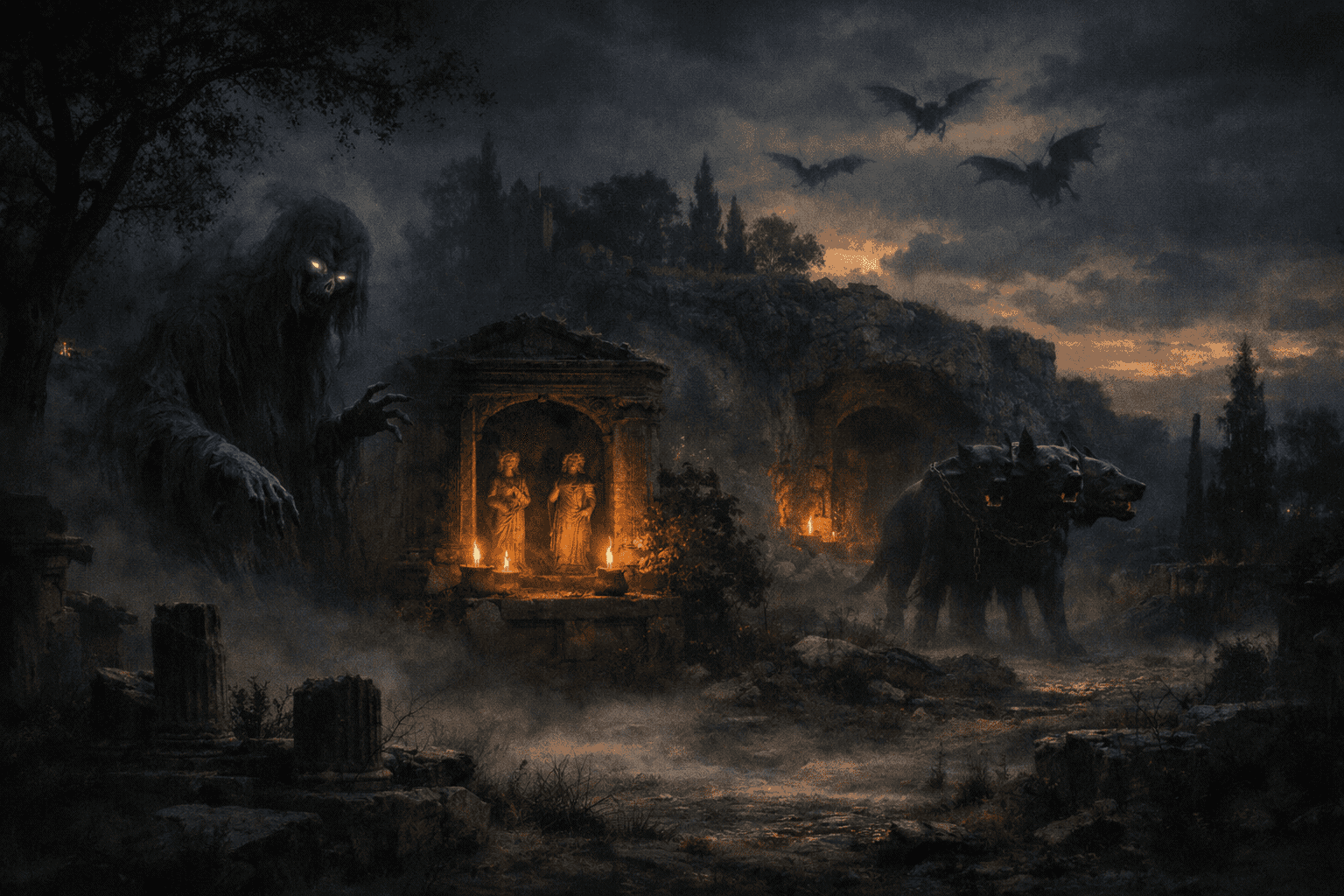 Scene showing Roman mythological creatures and beings including Lemures, household spirits, and Cerberus in an atmospheric Roman landscape