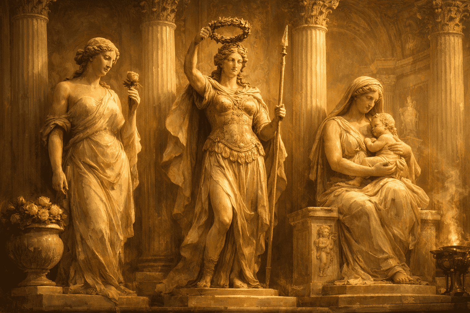 Multiple statues of Venus representing her different epithets, including Venus Genetrix and Venus Victrix, displayed in a Roman temple setting.