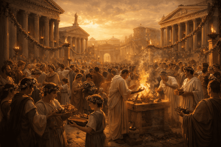 Roman festival scene with citizens celebrating and priests performing rituals in a classical city setting