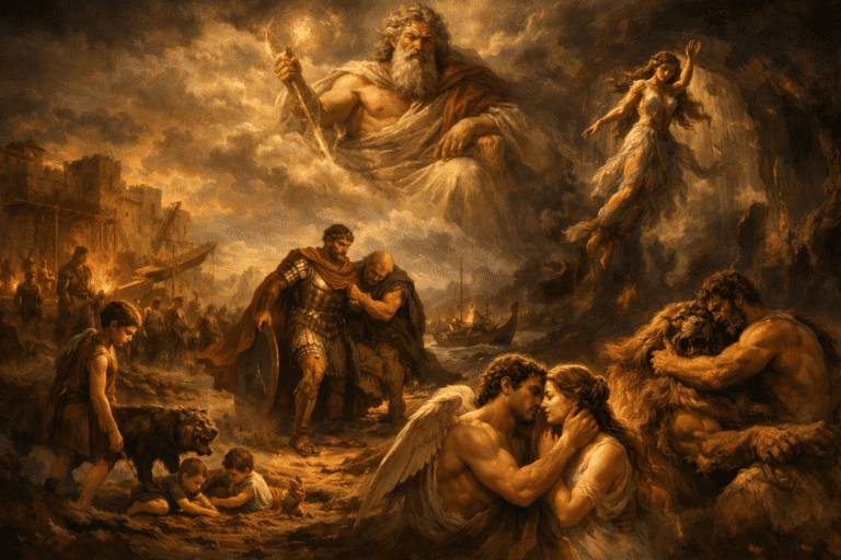 Scene showing major Roman myths including Romulus, Aeneas, Proserpina, Hercules, Cupid, and Jupiter in one composition