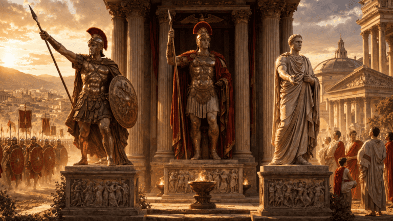 Multiple representations of Mars showing his different forms as a god of war, justice, and civic protection in Roman mythology.