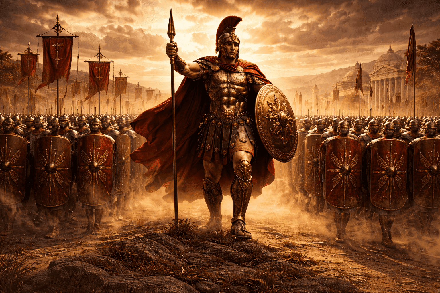 Mars Gradivus leading Roman soldiers marching in formation, symbolizing disciplined movement into battle.