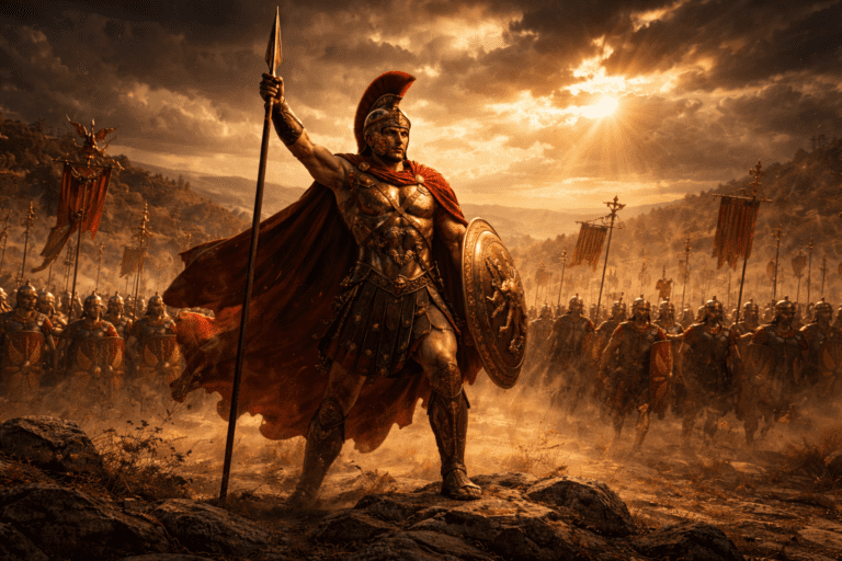 Mars raising a spear on a battlefield as Roman soldiers advance in disciplined formation behind him.