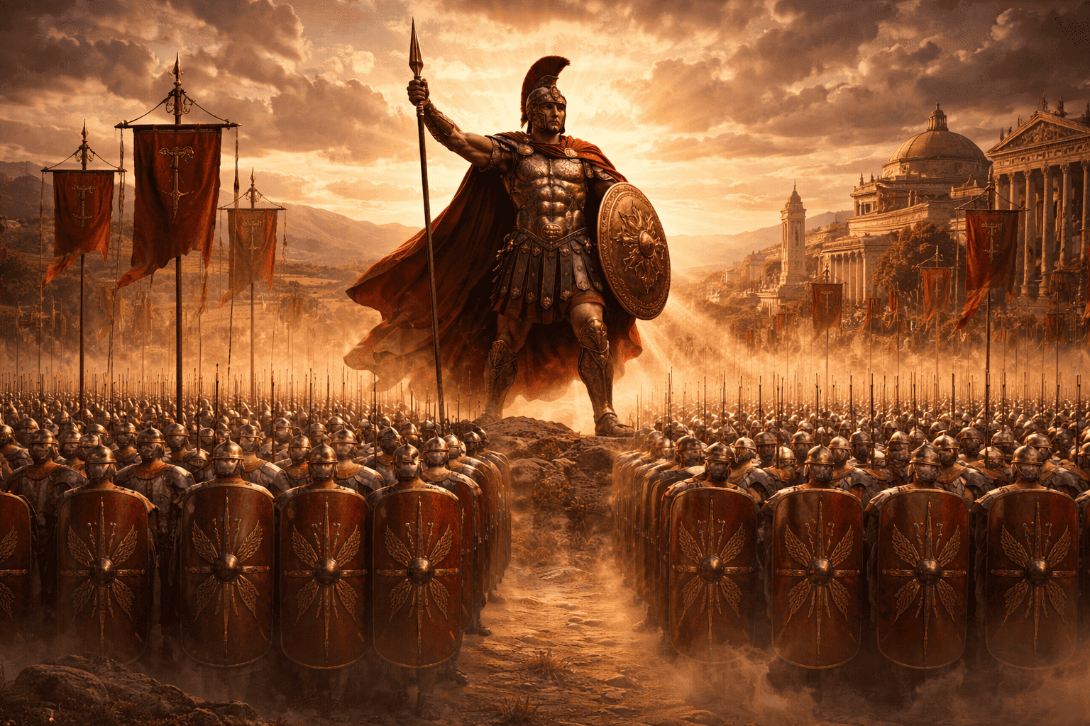 Roman legion in formation with Mars as a commanding presence, representing discipline and military power.