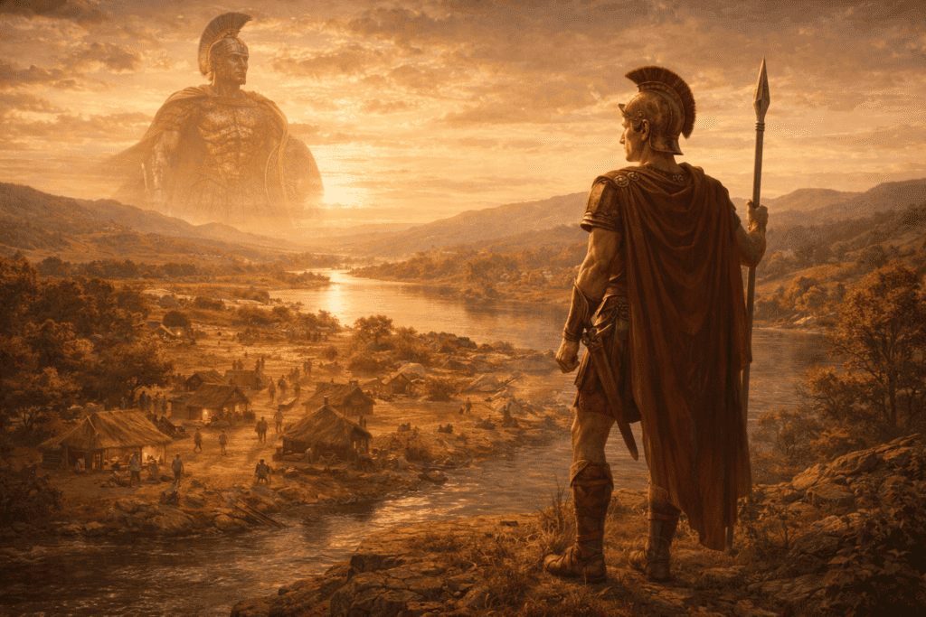 Romulus standing above early Rome with Mars watching over him, symbolizing the divine origin of the city.