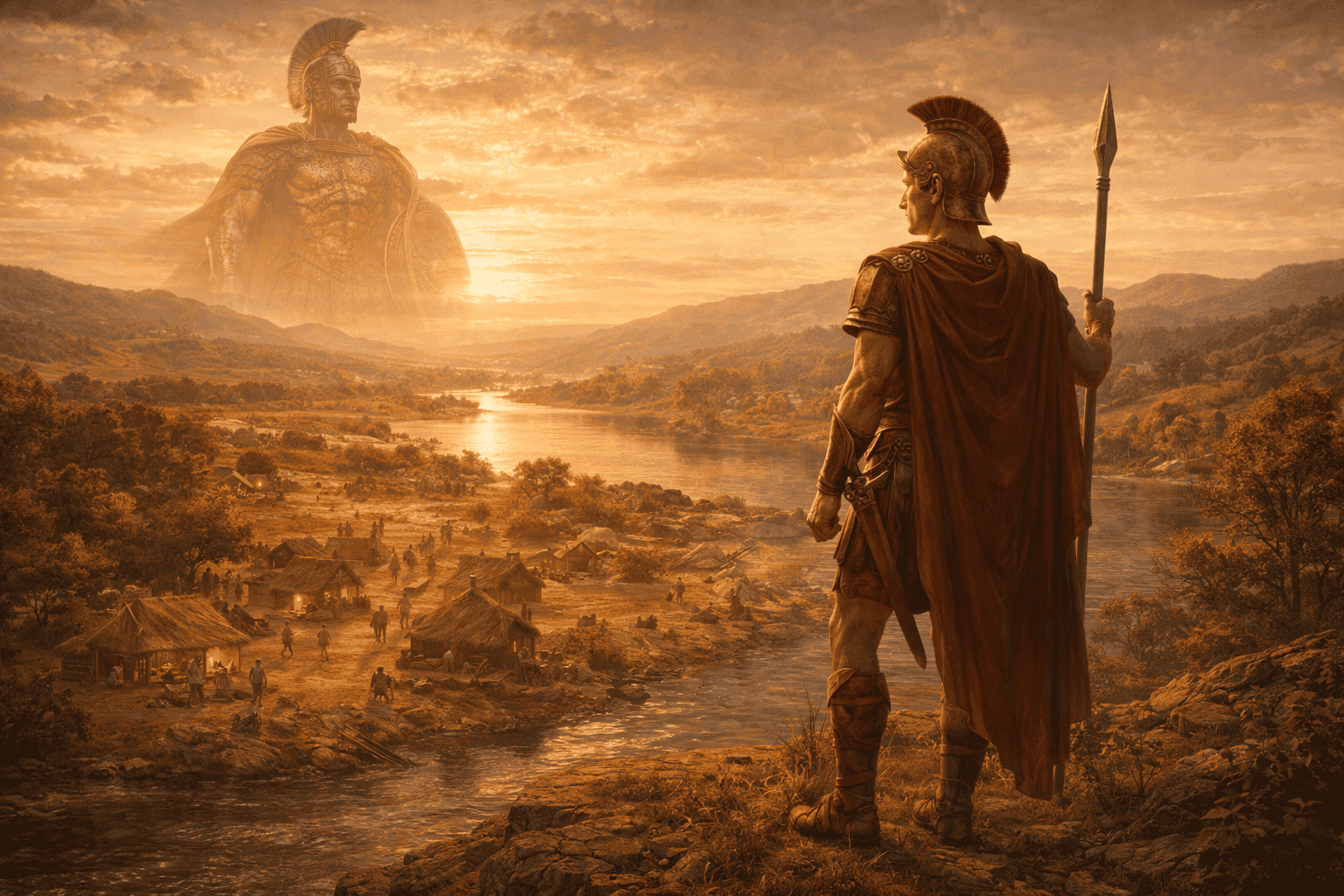 Romulus standing above early Rome with Mars watching over him, symbolizing the divine origin of the city.