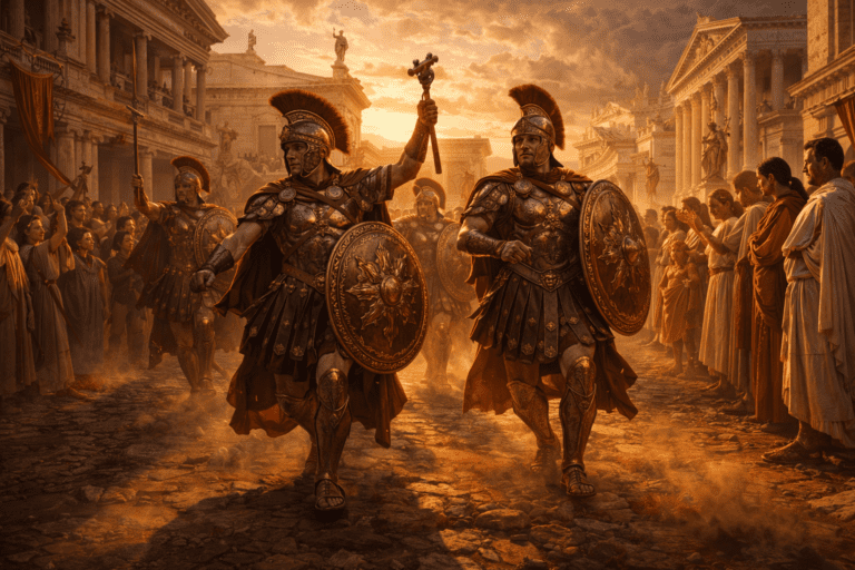 Roman priests of Mars performing a ritual dance in armor while carrying sacred shields through a city street.