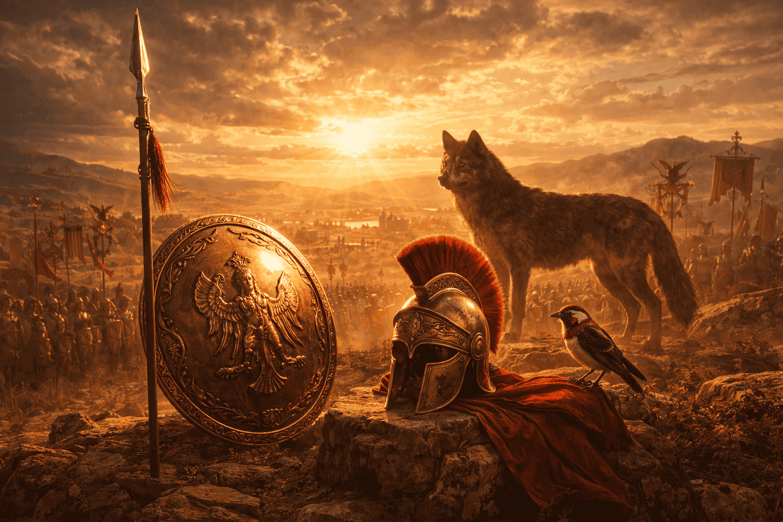 Symbols of Mars including a spear, shield, helmet, wolf, and woodpecker arranged in a Roman military setting.