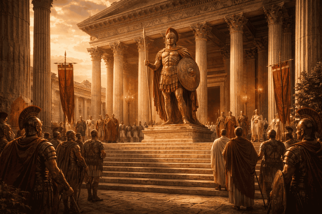Grand Roman temple dedicated to Mars with soldiers and citizens gathered, representing worship and state power.