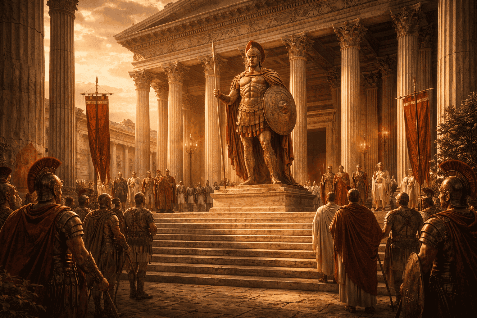 Grand Roman temple dedicated to Mars with soldiers and citizens gathered, representing worship and state power.