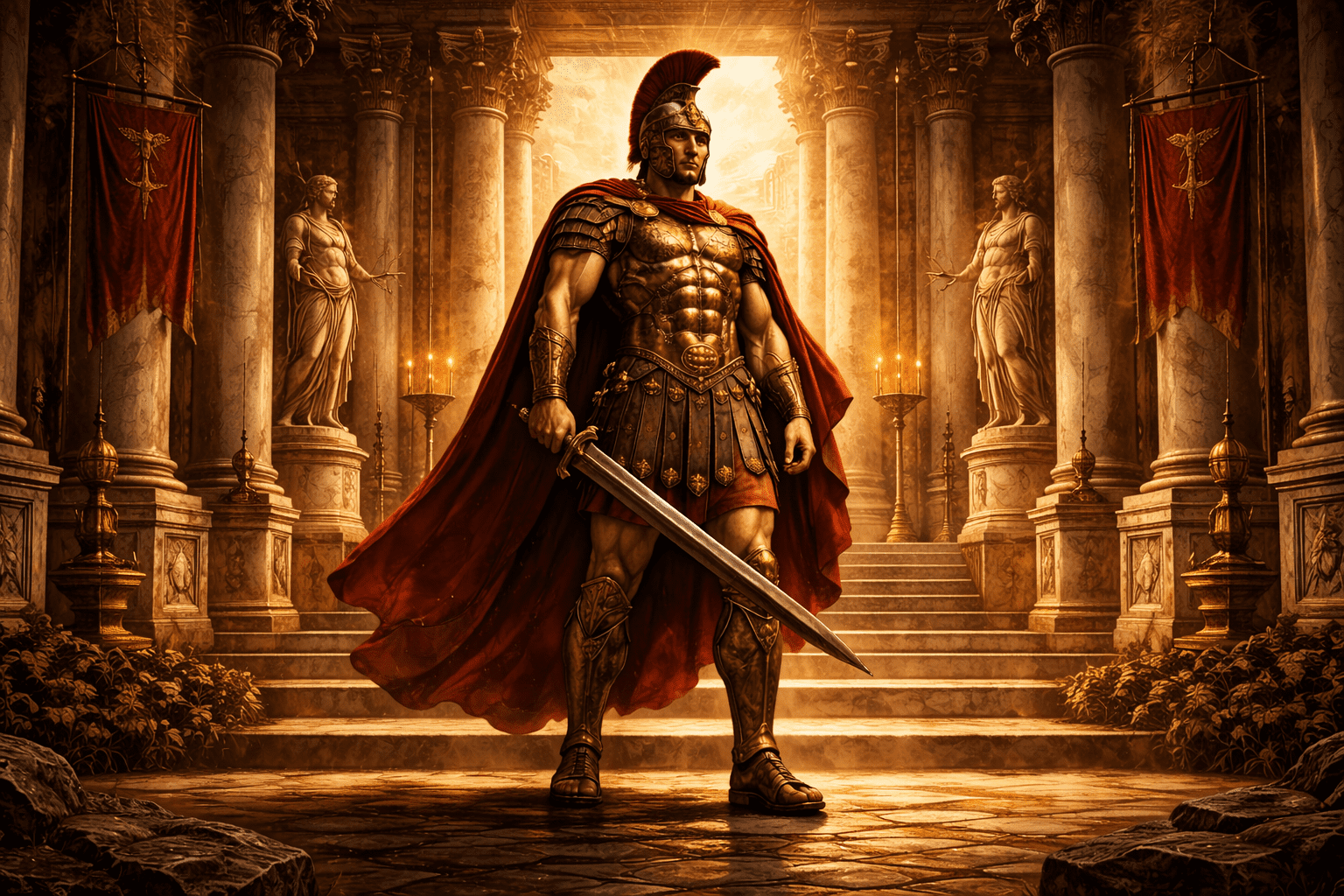 Mars Ultor standing in a Roman temple representing justice, retribution, and controlled power.