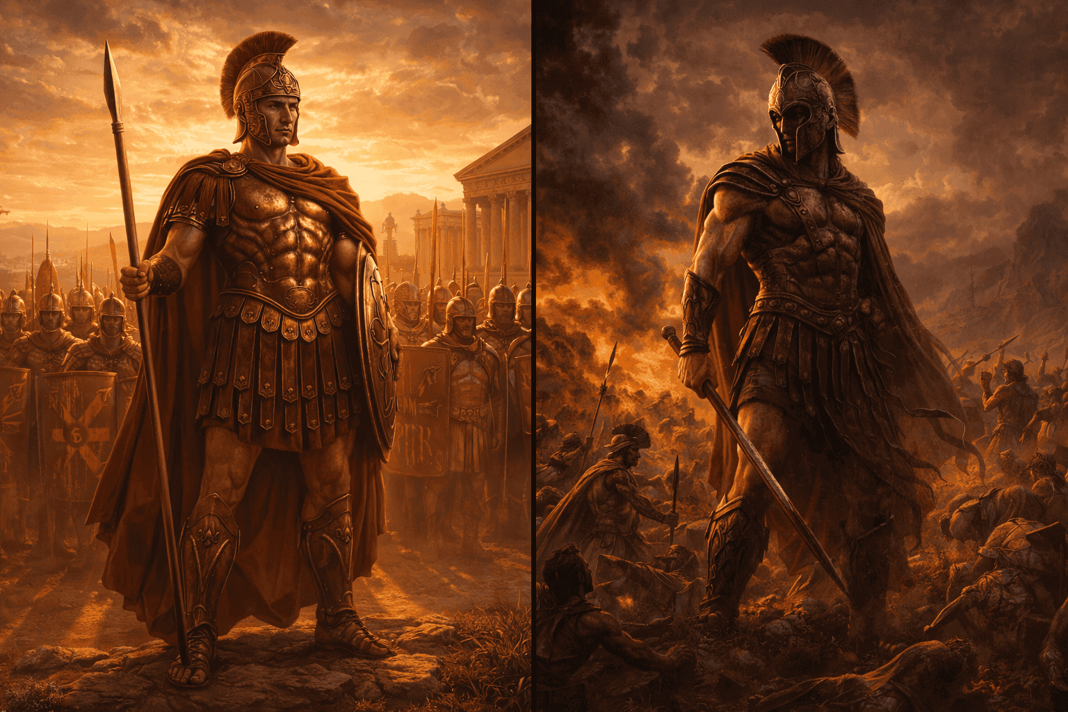 Split scene showing Mars in a disciplined Roman setting and Ares in a chaotic battlefield, highlighting their differences.