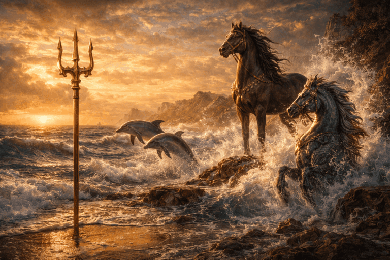 Symbols of Neptune including a trident, dolphins, horse, and hippocamp in a coastal Roman mythological scene.