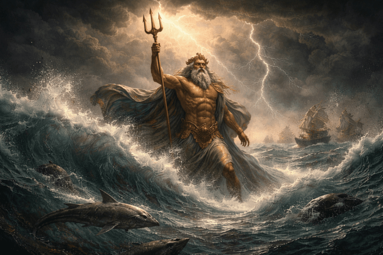 Neptune raising his trident to control storms and waves in a dramatic Roman mythological sea scene.
