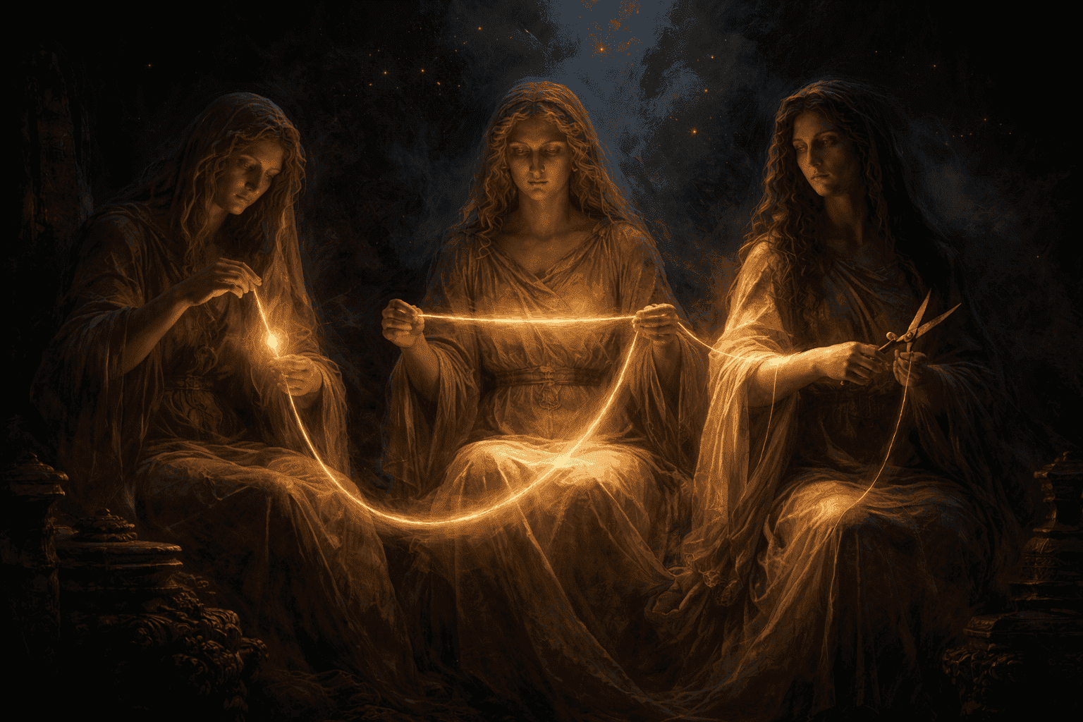 The three Roman Fates, Nona, Decima, and Morta, controlling the thread of life in a symbolic scene
