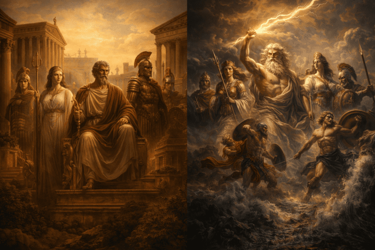 Split scene showing Roman and Greek gods highlighting differences in structure and style