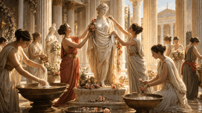 Roman women performing rituals during the Veneralia, washing a statue of Venus in a temple setting.