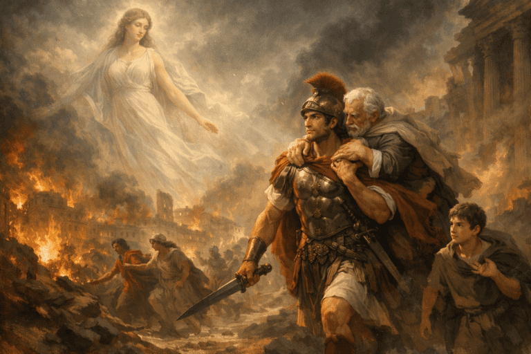 Venus guiding Aeneas during the fall of Troy, symbolizing divine protection and destiny