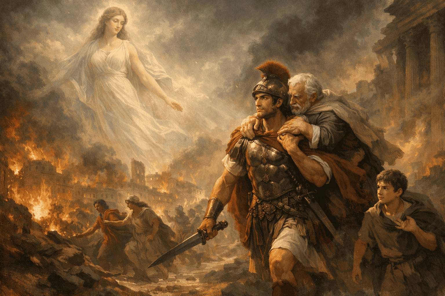 Venus guiding Aeneas during the fall of Troy, symbolizing divine protection and destiny