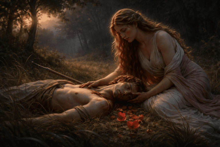 Venus mourning Adonis in a tragic Roman mythology scene set in a wooded landscape at dusk, with flowers emerging from his blood.