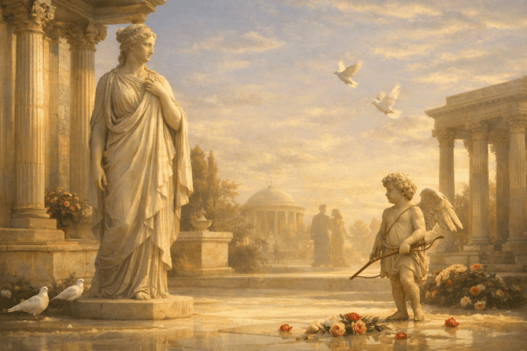 Roman-inspired scene with Venus and a symbolic Cupid figure in a calm architectural setting