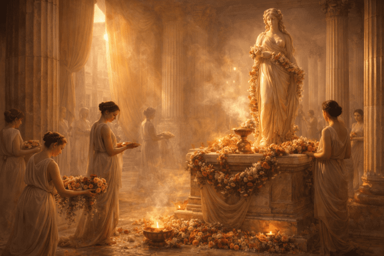 Roman temple scene showing worshippers offering flowers to Venus during a festival in ancient Rome.