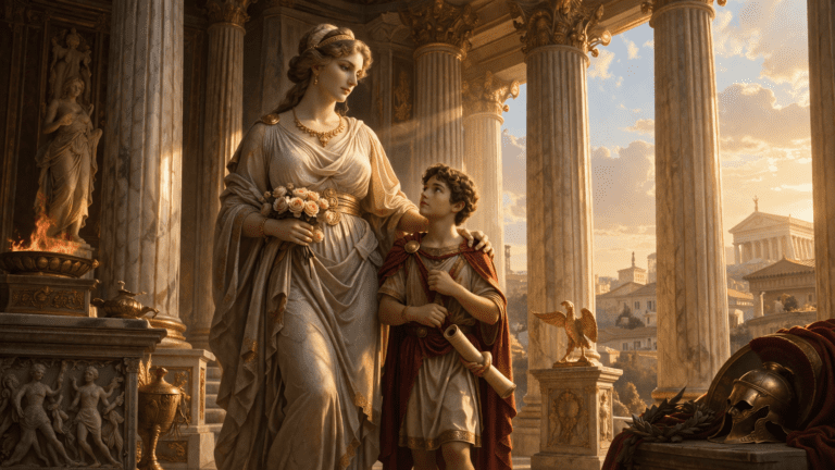 Venus Genetrix standing in a Roman temple with a young Aeneas, symbolizing her role as the divine mother of Rome.