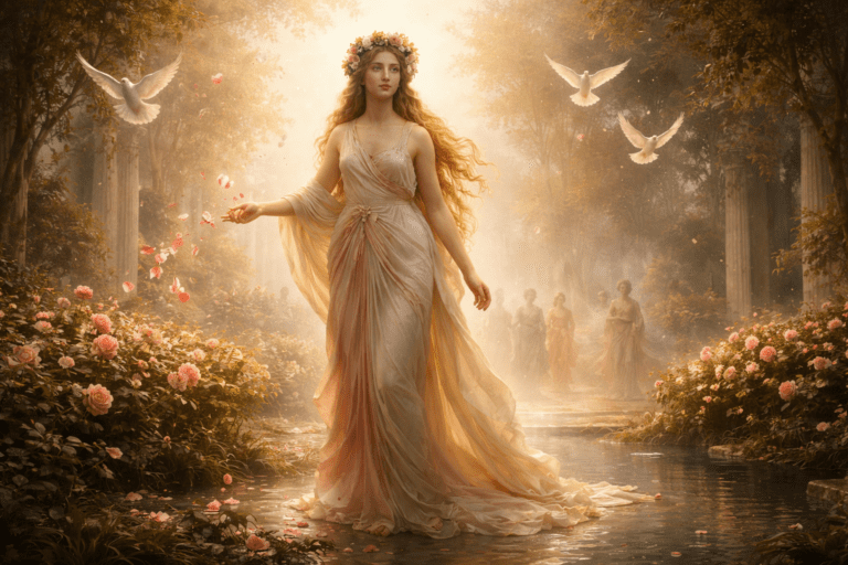 Venus surrounded by symbols of love and beauty, representing her powers of attraction and influence in Roman mythology.