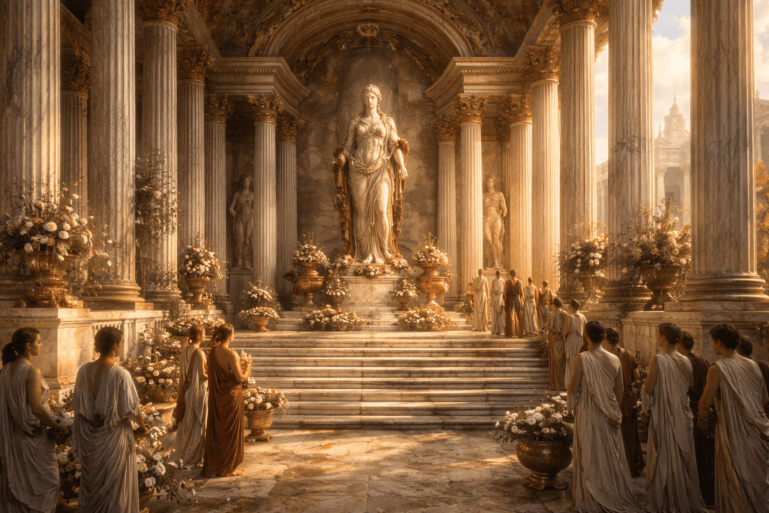 Grand Roman temple dedicated to Venus with a central statue, marble columns, and citizens gathered in a classical setting.