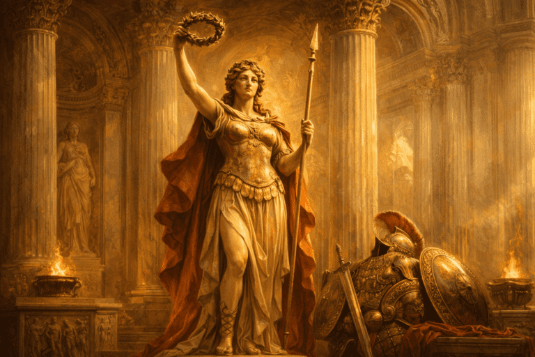 Venus Victrix standing in a Roman temple holding a laurel wreath, symbolizing victory and divine favor in Roman mythology.