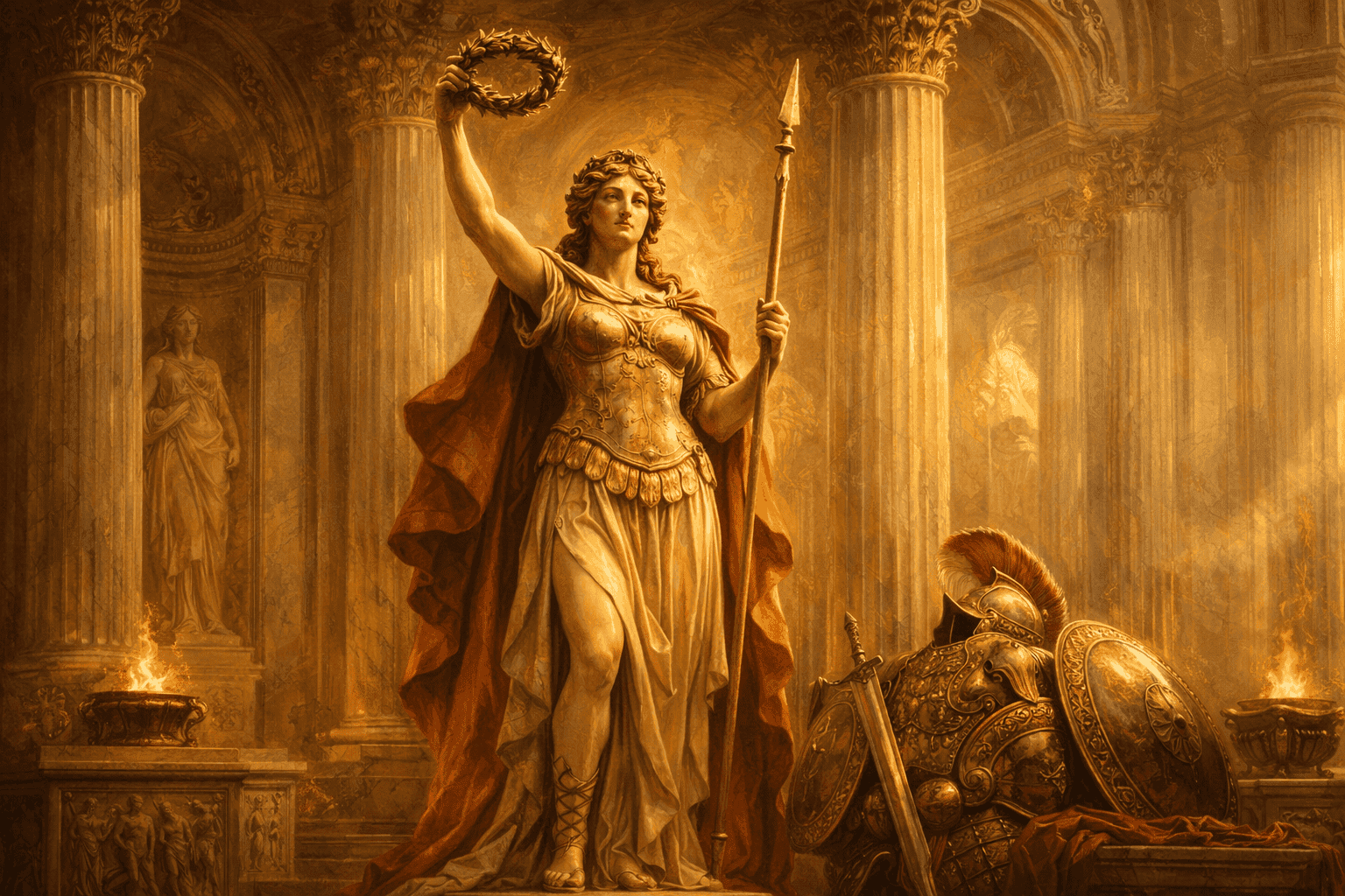 Venus Victrix standing in a Roman temple holding a laurel wreath, symbolizing victory and divine favor in Roman mythology.