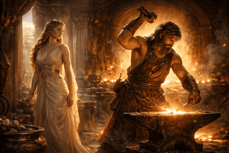Venus standing beside Vulcan in a forge, highlighting the contrast between beauty and craftsmanship in Roman mythology.
