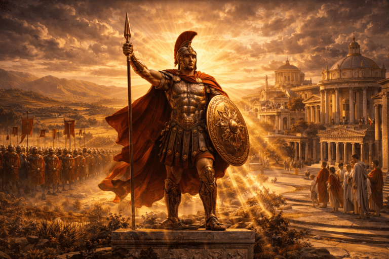 Mars standing in a symbolic Roman landscape representing war, discipline, protection, and Roman identity.
