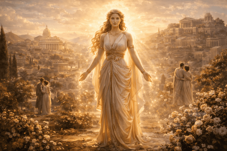 Venus standing in a symbolic Roman landscape representing love, fertility, and the connection between people and society.