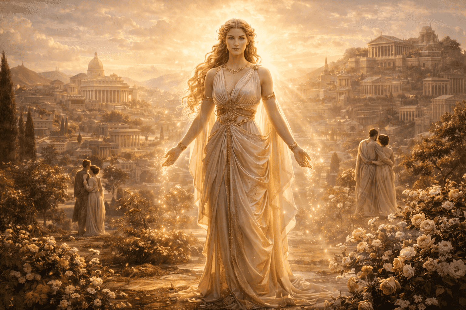 Venus standing in a symbolic Roman landscape representing love, fertility, and the connection between people and society.