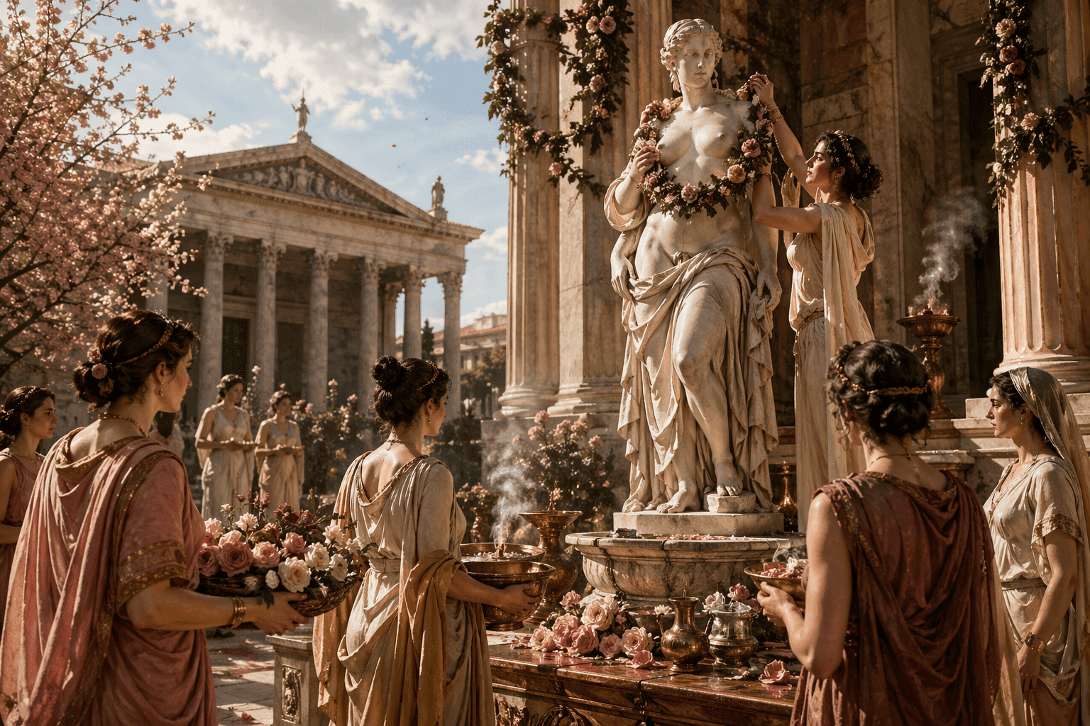 Roman women honoring Venus during the festival of Veneralia in a flower-filled temple courtyard with offerings, incense, and a garlanded statue.