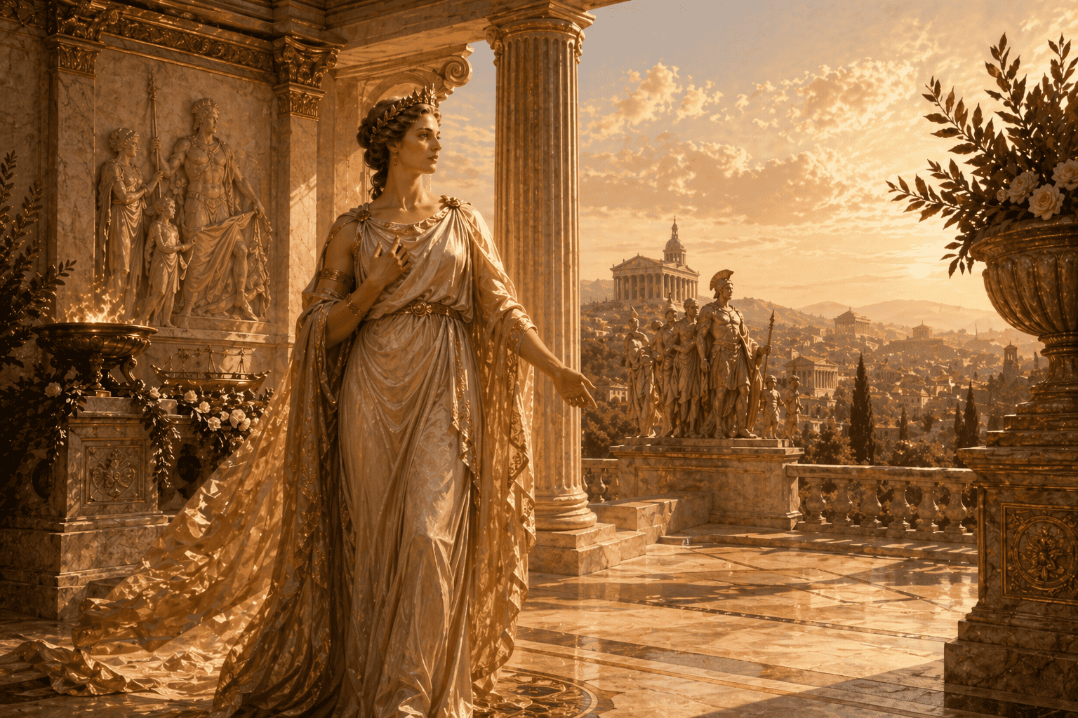 Venus Genetrix standing in a sunlit Roman temple with statues, columns, and the city of Rome in the background