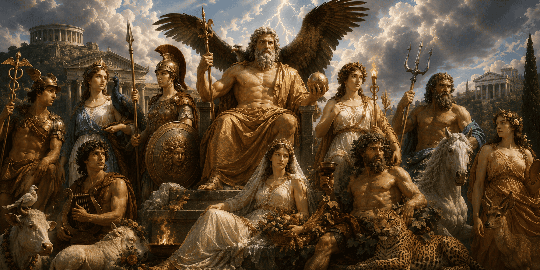 Roman gods and goddesses gathered before ancient temples with Jupiter at the center, surrounded by divine symbols and sacred animals.