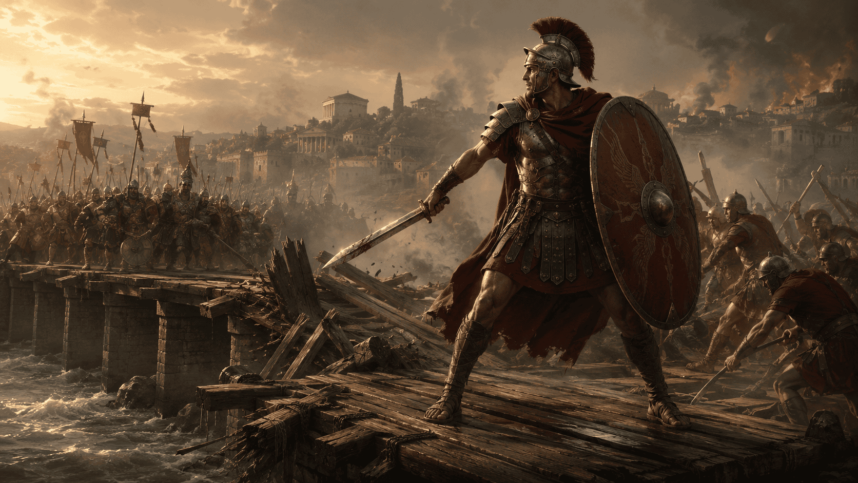 Horatius Cocles stands on the Sublician Bridge with shield and sword as Roman soldiers destroy the bridge behind him.
