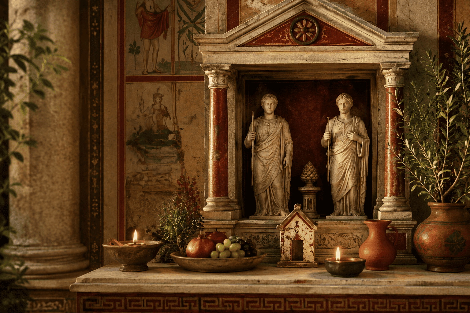 Roman household shrine with statues of the Lares, candles, offerings, and classical frescoes in warm golden light.