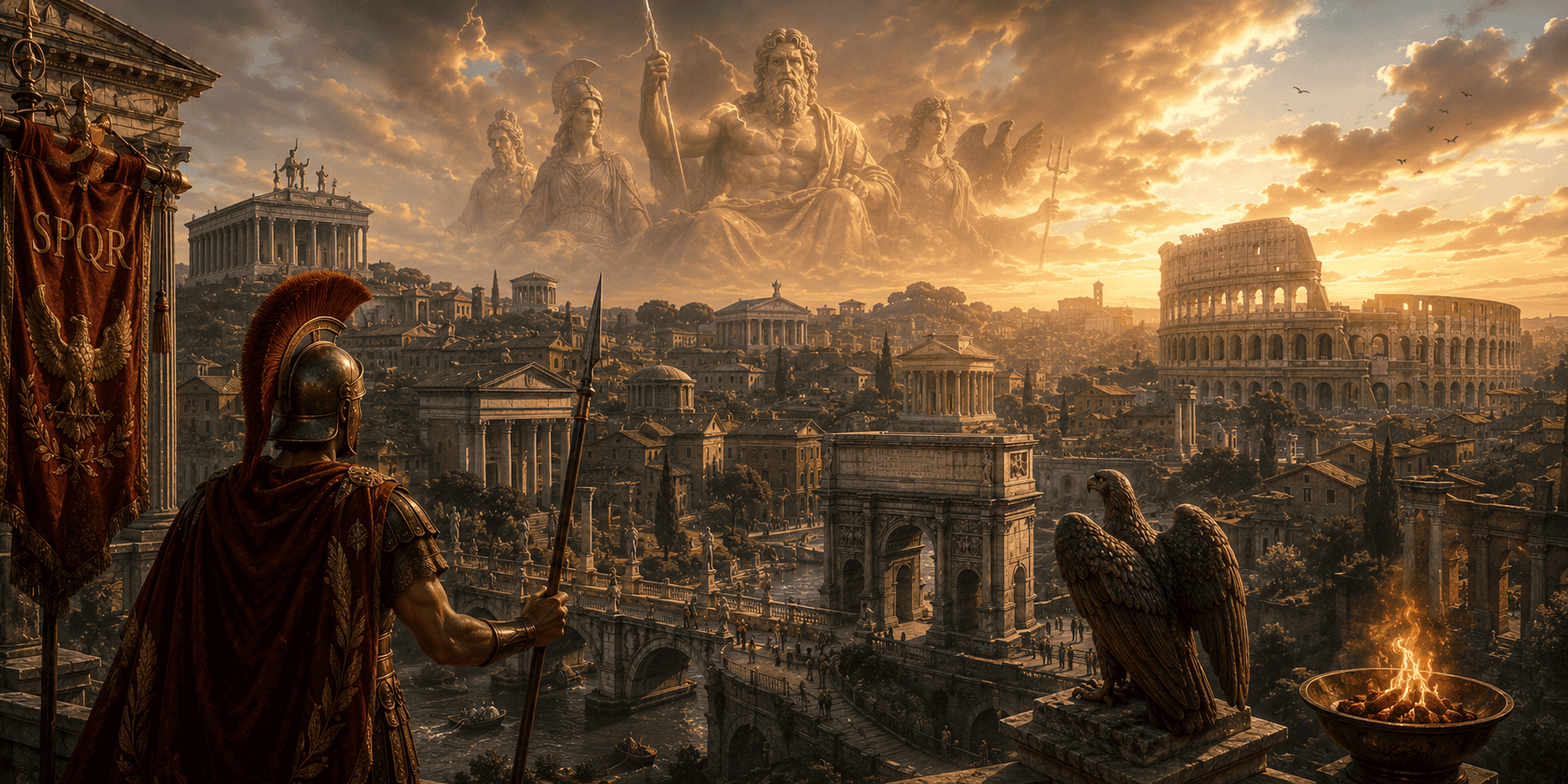 Ancient Rome at sunset with temples, the Colosseum, sacred fires, Roman standards, and divine figures appearing above the city.