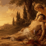 Apollo mourning Hyacinthus as a purple flower grows from his blood