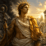 Apollo Medicus holding a lyre and serpent staff between scenes of plague and healing